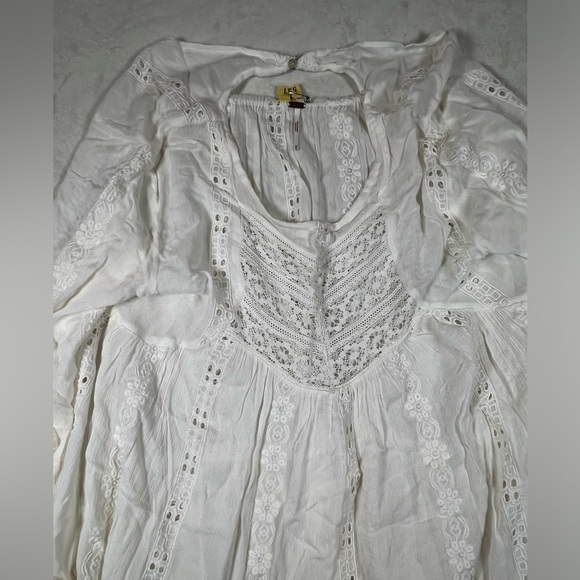 Free People Medium Boho Lace Cotton White Tunic Blouse Flowey Chic Drape Shirt - Picture 8 of 8